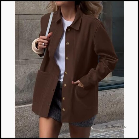 Faux Suede Jacket Women Long Sleeve Button Down Winter Coat Shacket - Picture 2 of 7